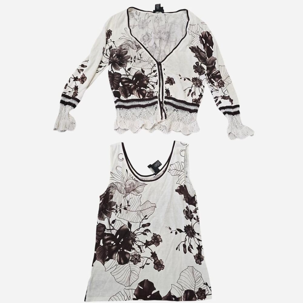 Y2K Peck & Peck Women's Size S Brown Floral Print Cardigan & tank with Lace Trim